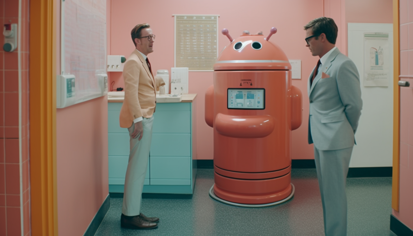Robots in the style of film maker Wes Anderson Art by Midjourney for Silverlinings