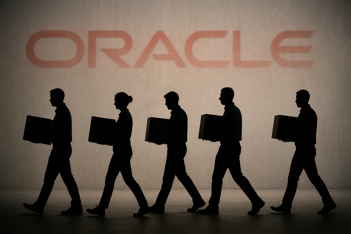 AI-generated hyperrealistic image of Oracles red logo fading into the background while silhouettes of workers walk away ca