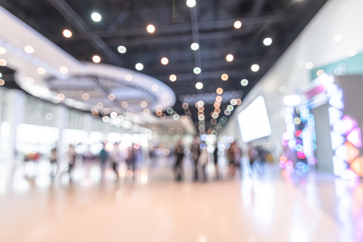 Exhibition event hall blur background of trade show business world or international expo showcase tech fair with blurry ex