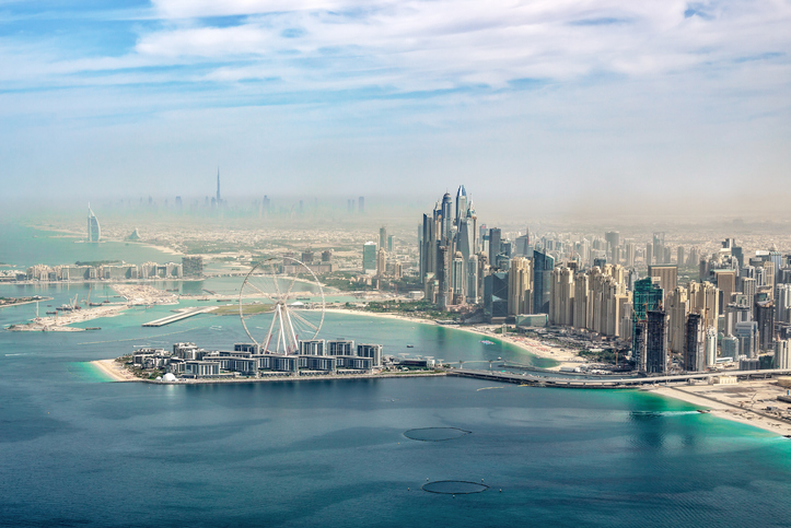 Aerial view of Dubai Marina skyline with Dubai Eye ferris wheel United Arab Emirates