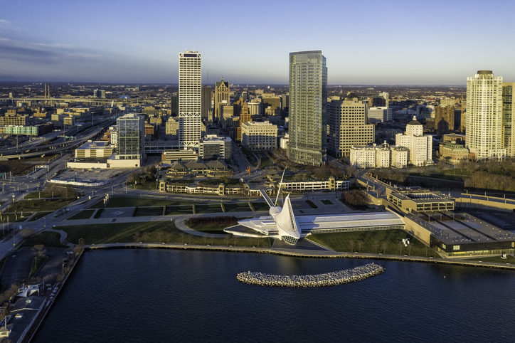 Aerial panorama view of Downtown Milwaukee at sunrise