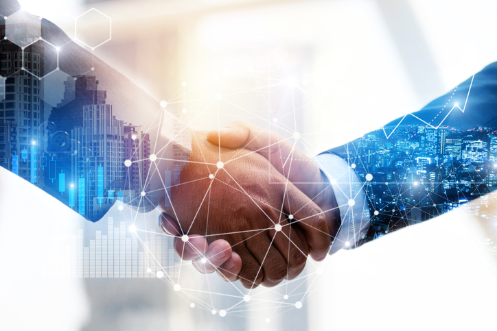 business man investor handshake with effect global network link connection