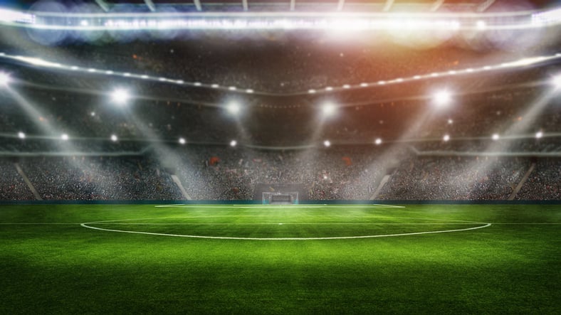 sport background - green field in soccer stadium ready for game in the midfield 3D Illustration