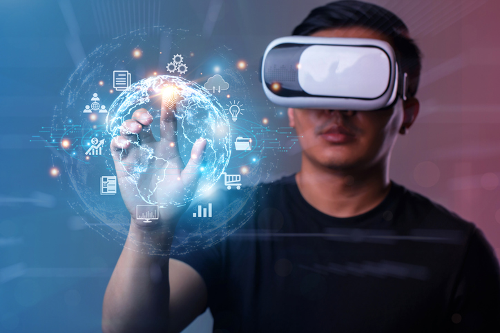 Man wearing VR glasses hand touching virtual Global Internet connection metaverse