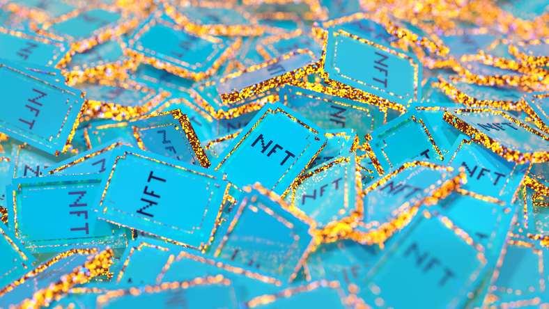 Glowing and shiny digital background with heap of stylized NFT tokens 