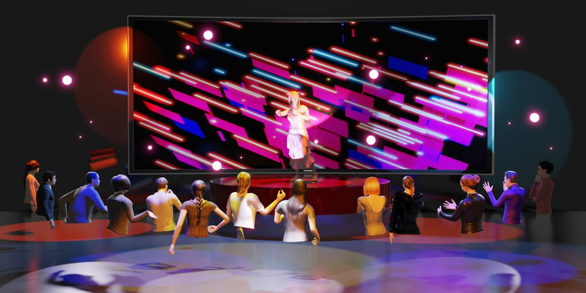 Party concerts in Metaverse avatars and online music performances via VR glasses in the world of Metaverse 3D illustrations