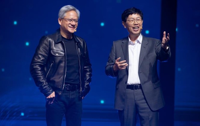 Jensen Huang and Foxconn CEO Young Liu on stage at tech event oct 2023