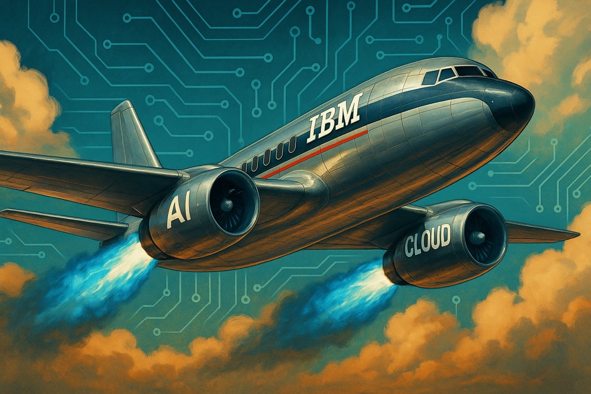 AI hyperrealstic image of AI and cloud as twin engines propelling an IBM-branded midcentury plane with clouds and circuits i