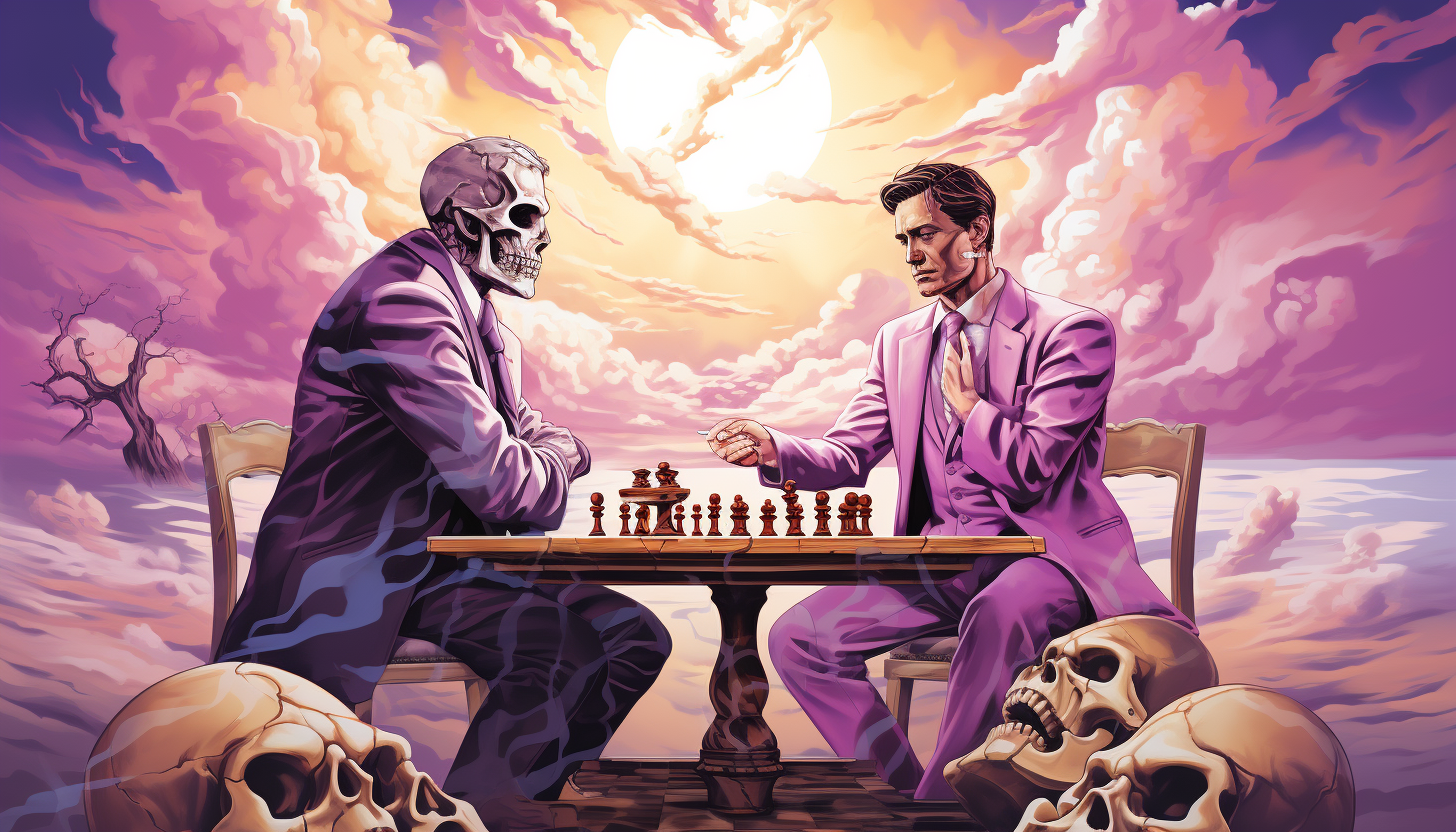businessman plays chess with grim reaper