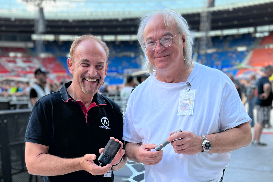 Martin Seidl CEO of Austrian Audio holding a OC18 with David Natale FOH engineer for The Rolling Stones