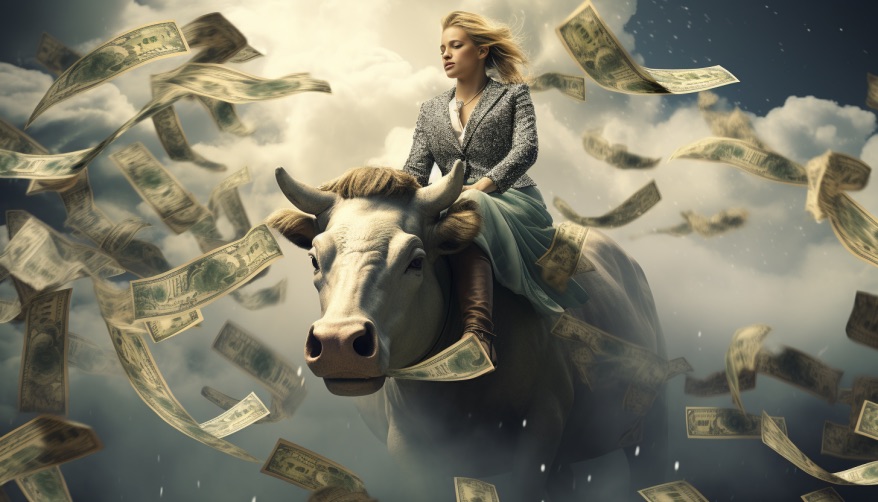 Woman riding bull in the clouds surrounded by a shower of money
