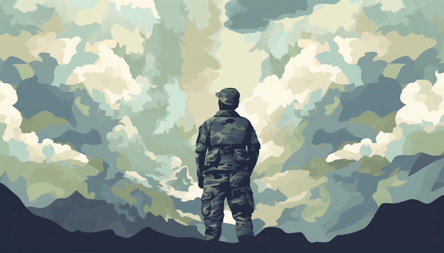 Soldier staring into a camouflage cloud