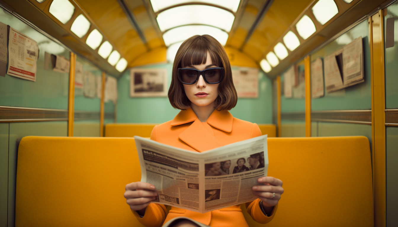 Cool woman in orange reading a newspaper