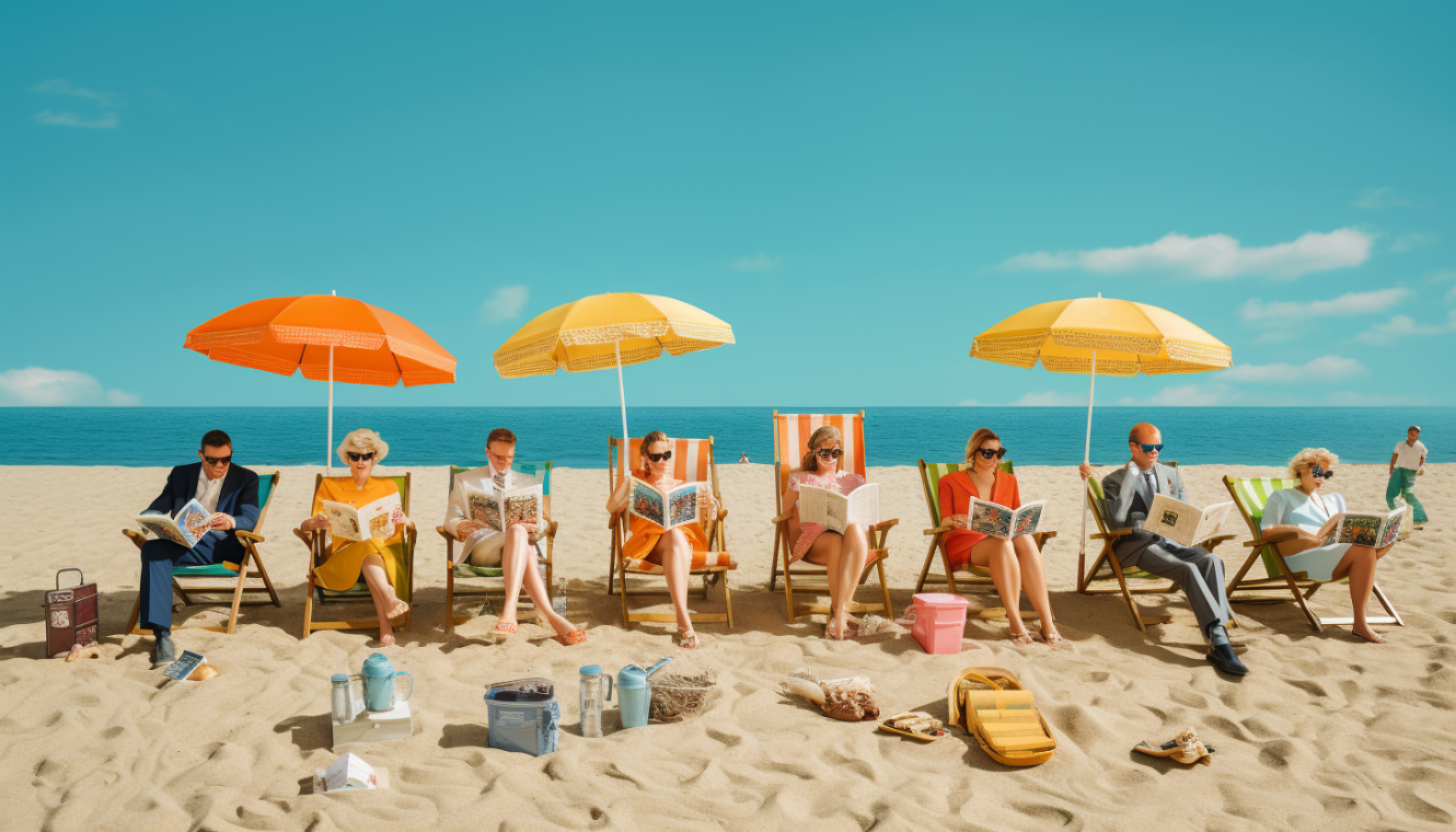 A group of people reading newspapers at the beach