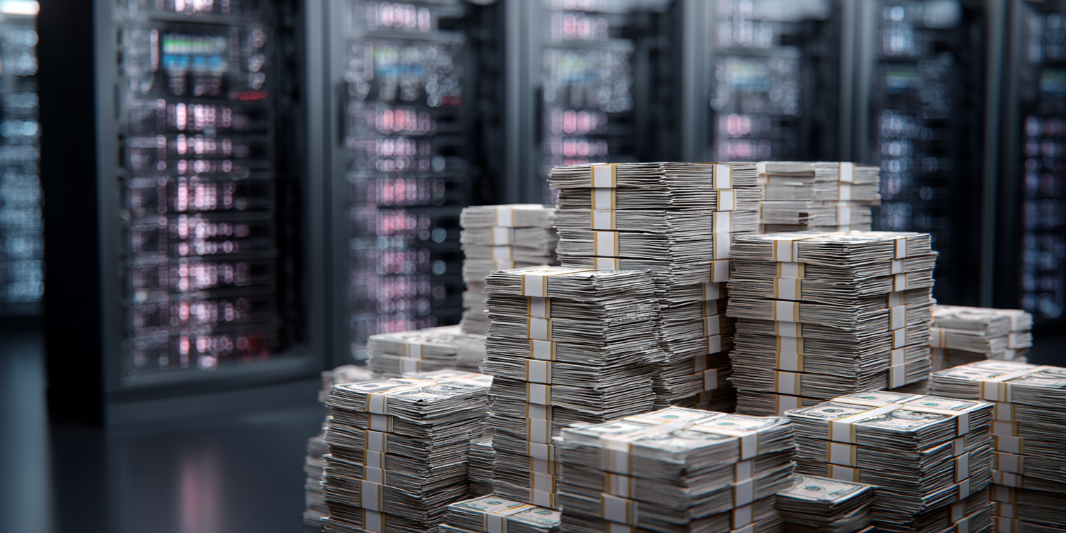 A pile of dollar bills in front of a data center rack