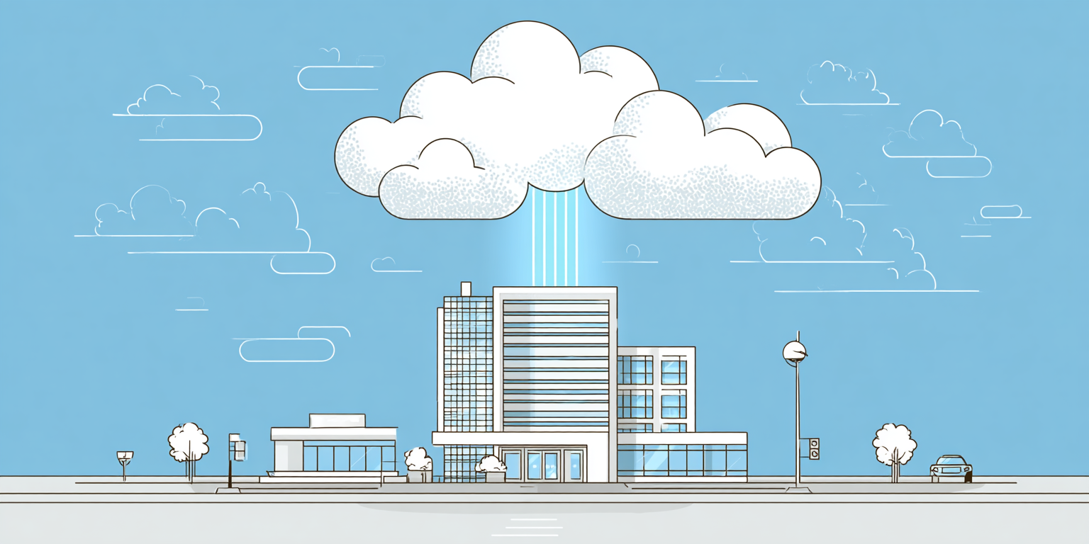 Illustration An enterprise building is connected to a cloud floating overhead