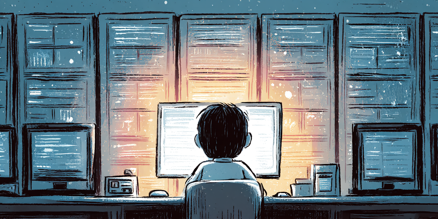 Illustration A person sits behind a computer in a server room