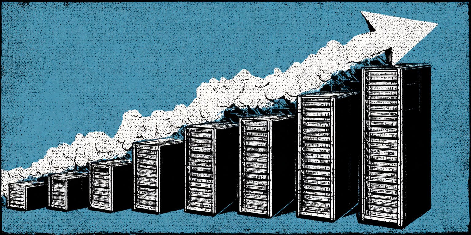 Illustration An arrow made of clouds points upwards on top of increasingly tall data center racks