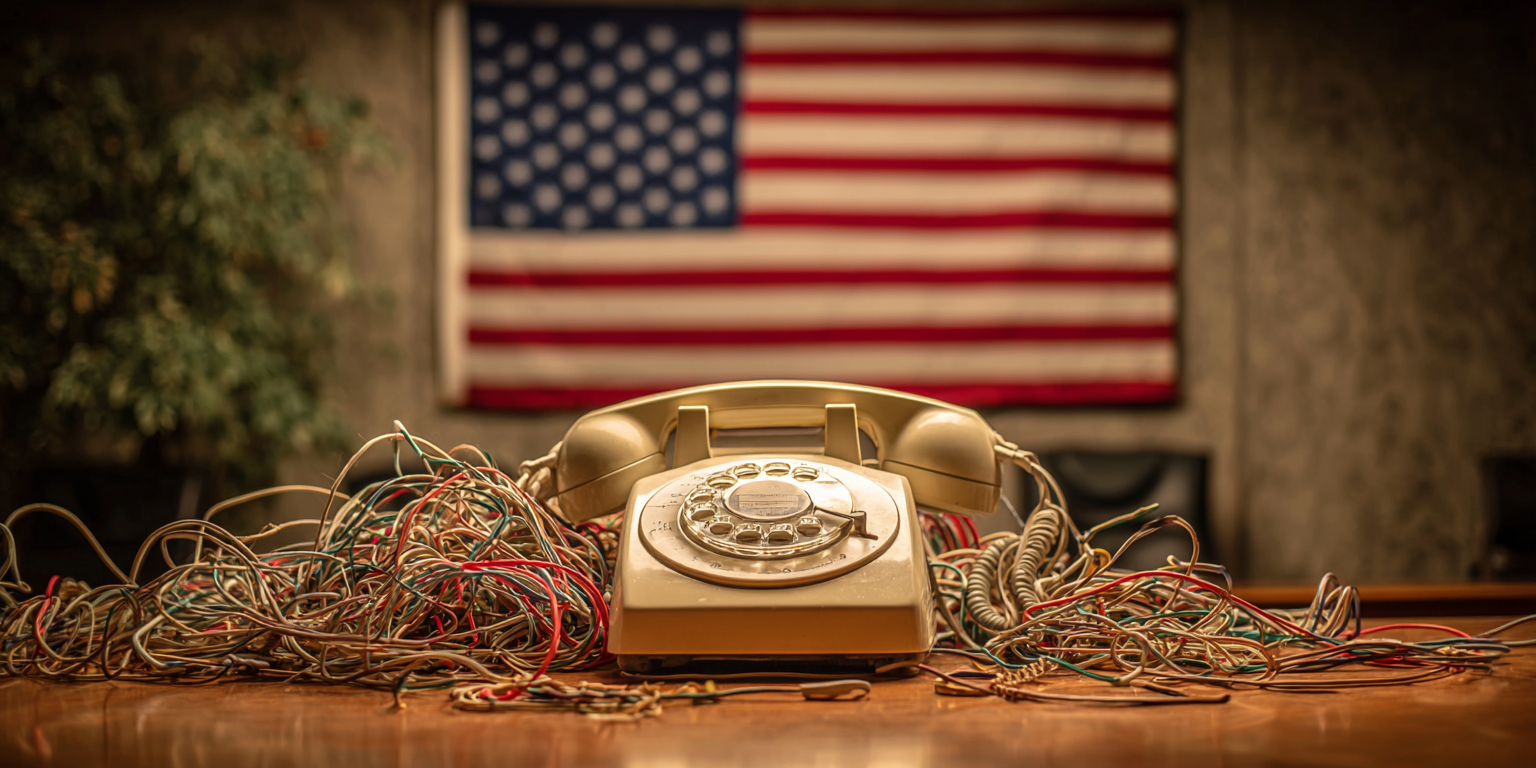 A landline phone sits on a desk in front of an American flag