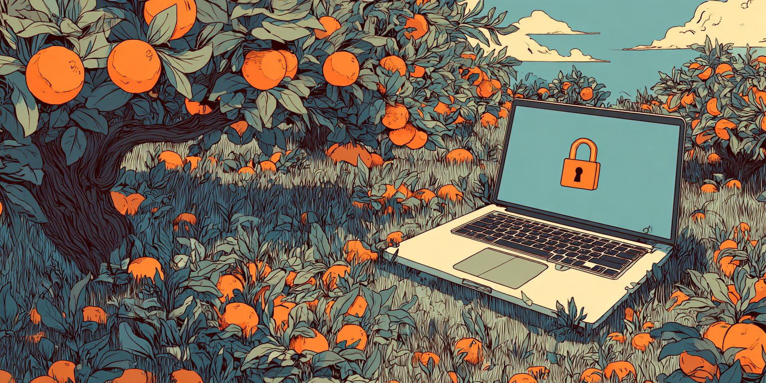 Illustration A laptop sitting in a field of orange trees