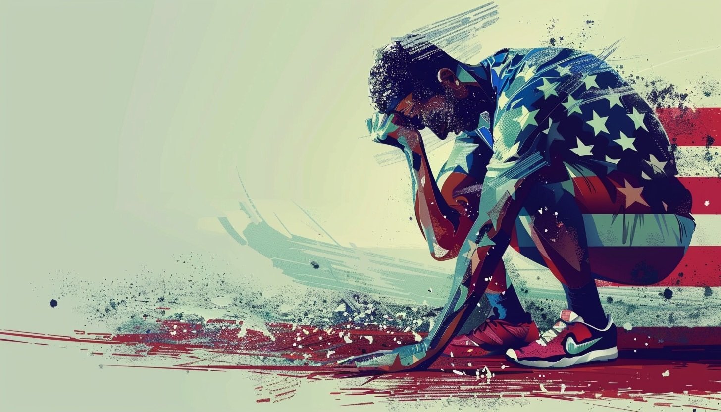 Surrealistic image of a red-white-and-blue runner crouched in exhaustion