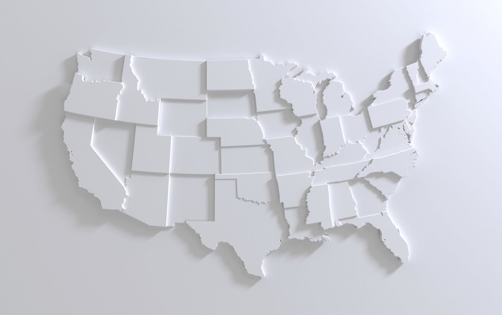 United States map of states in relief