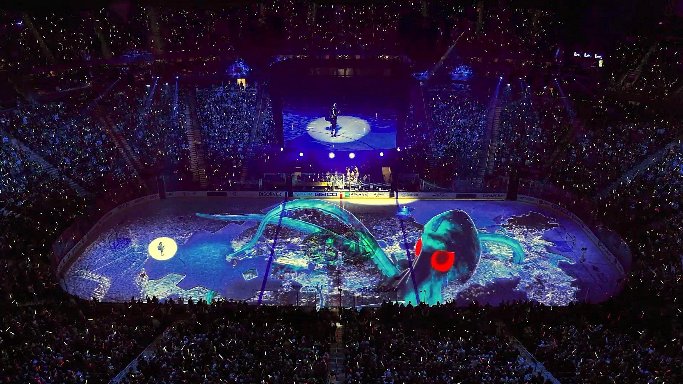 The Vegas Golden Knights hosted the Seattle Kraken at T-Mobile Arena with a 3D ice projection
