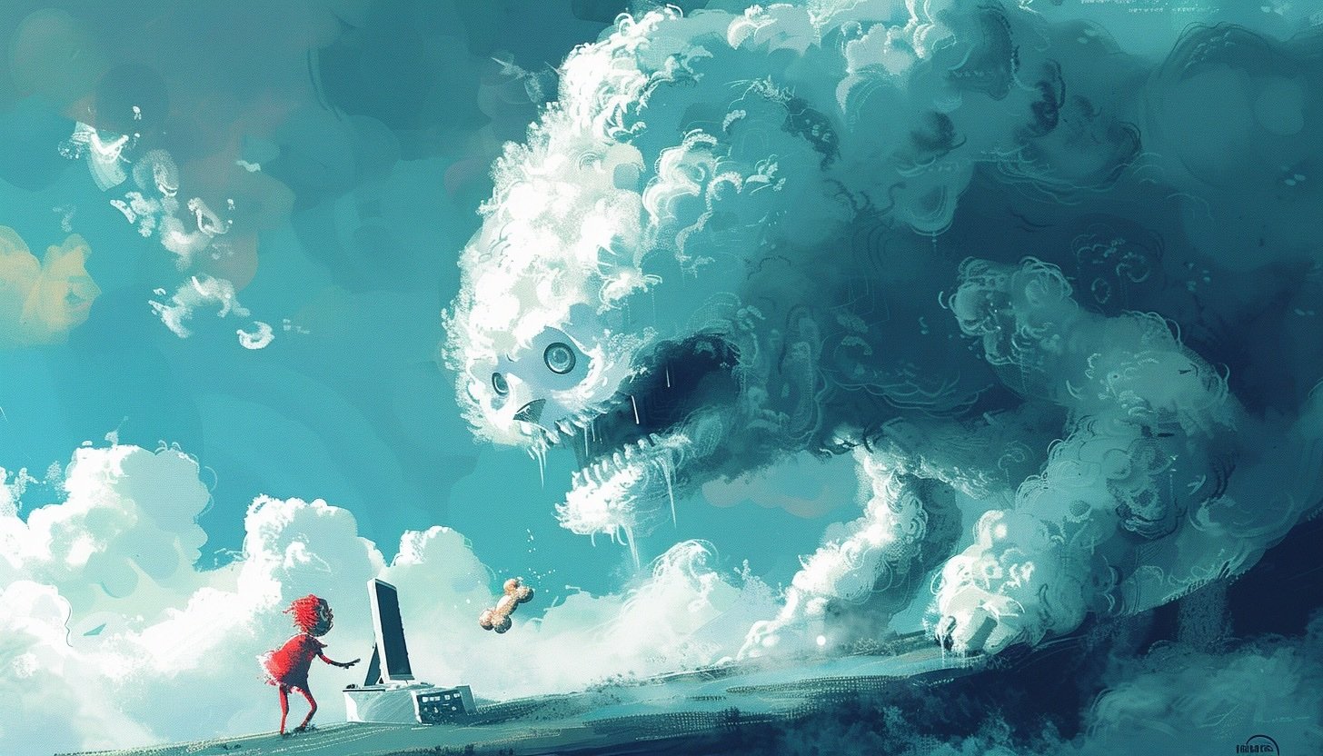 A giant cloud with a face throwing a bone to a doll-like man standing behind a big PC