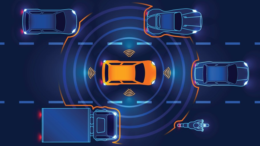 shows orange car with sensor waves and nearby cars from overhead