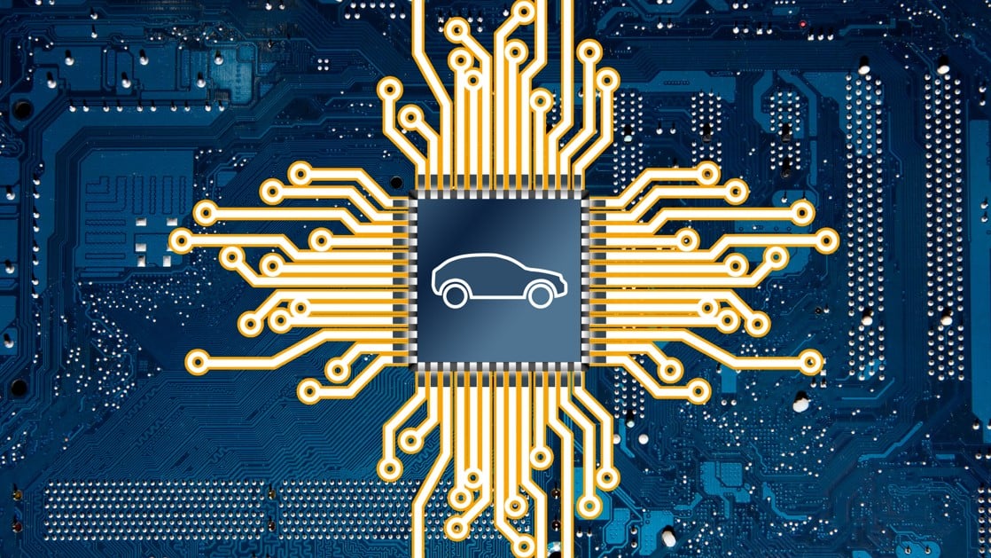illustraion of a circuit board with a chip and a car logo atop