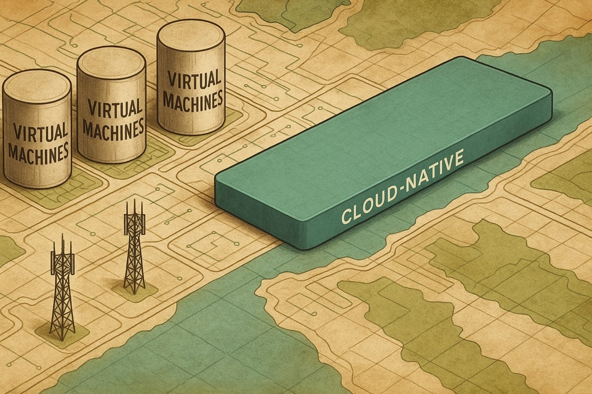 AI-generated hyperrealistic map-like illustration of telco infrastructure transforming  vertical VM silos flattening