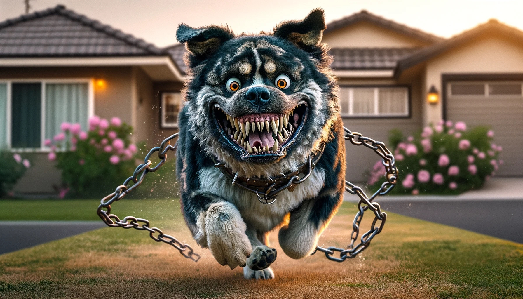 AI-generated cartoony image of a cute yet ferocious dog that has broken its leash 