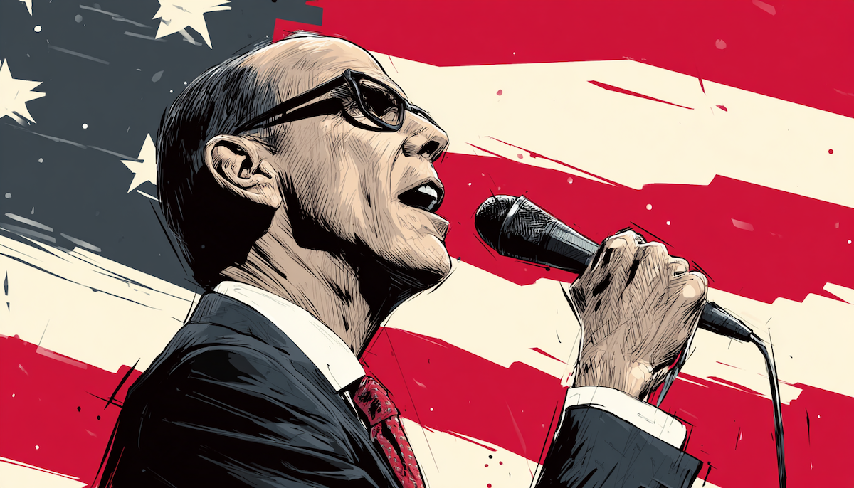 man singing microphone US flag