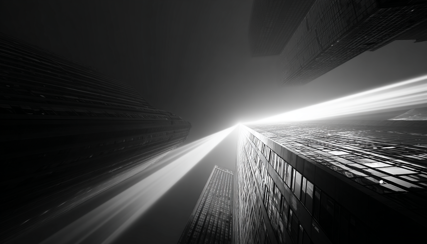 beam of light zooming across office buildings