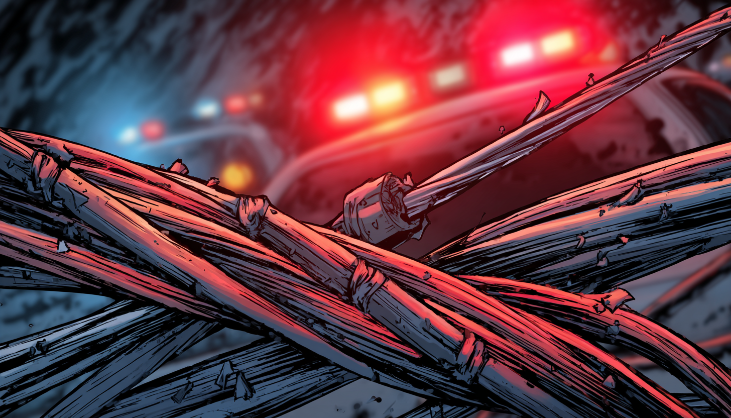 image of broken fiber with police sirens background