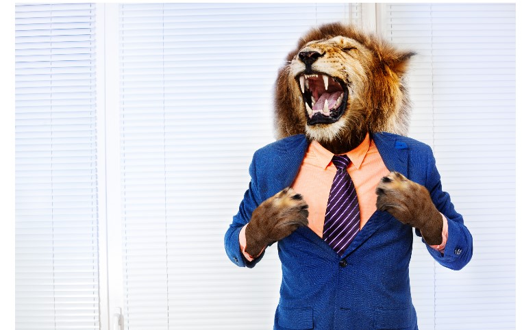 lion in suit growling