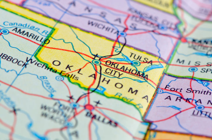 A map zoomed in on the state of Oklahoma