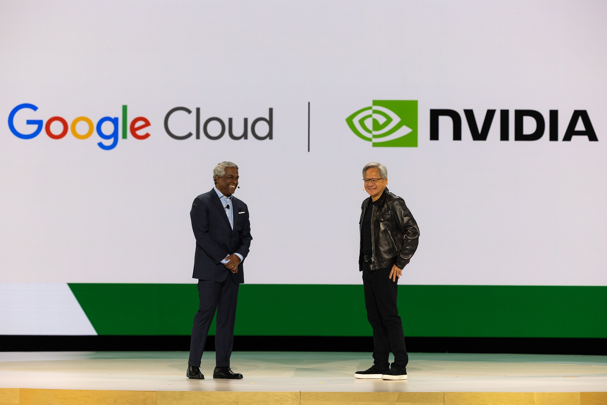 google cloud Thomas Kurian and nvidia Jensen Huang onstage at Google Cloud Next