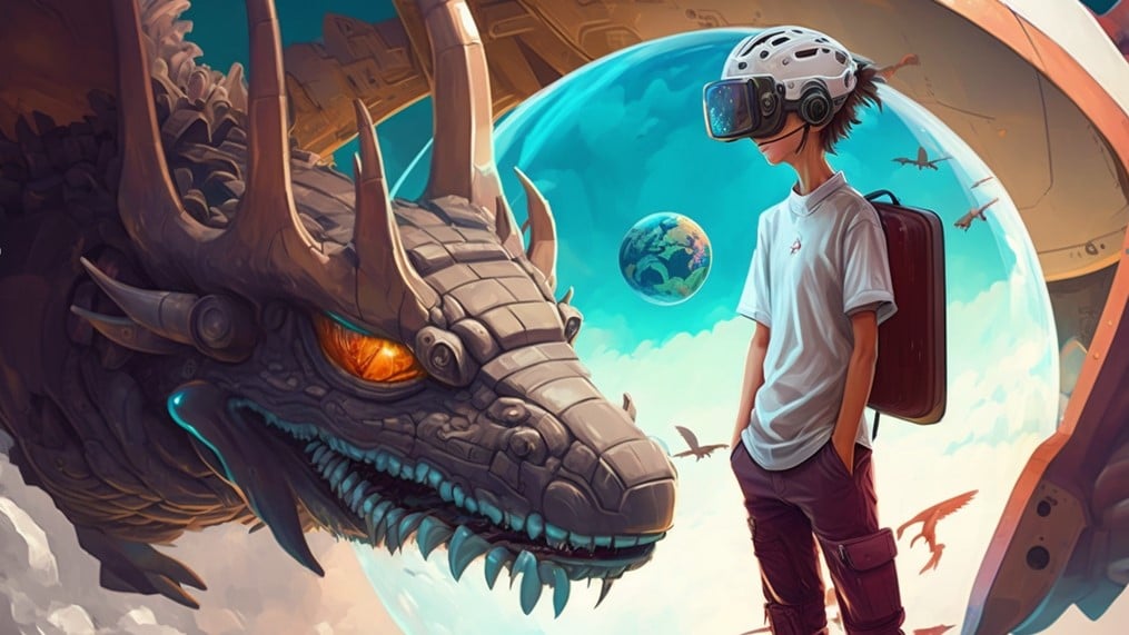 image of kid in helmet with VR goggles facing a monster