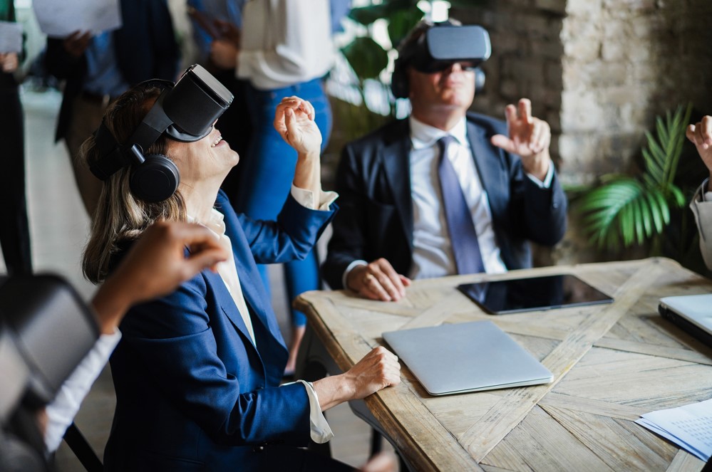 Metaverse business users gesturing while wearing headsets