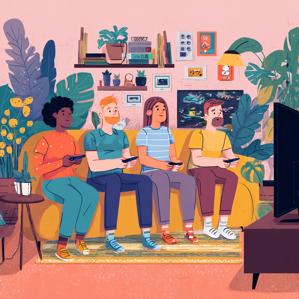 people around a TV holding remotes engaged gaming
