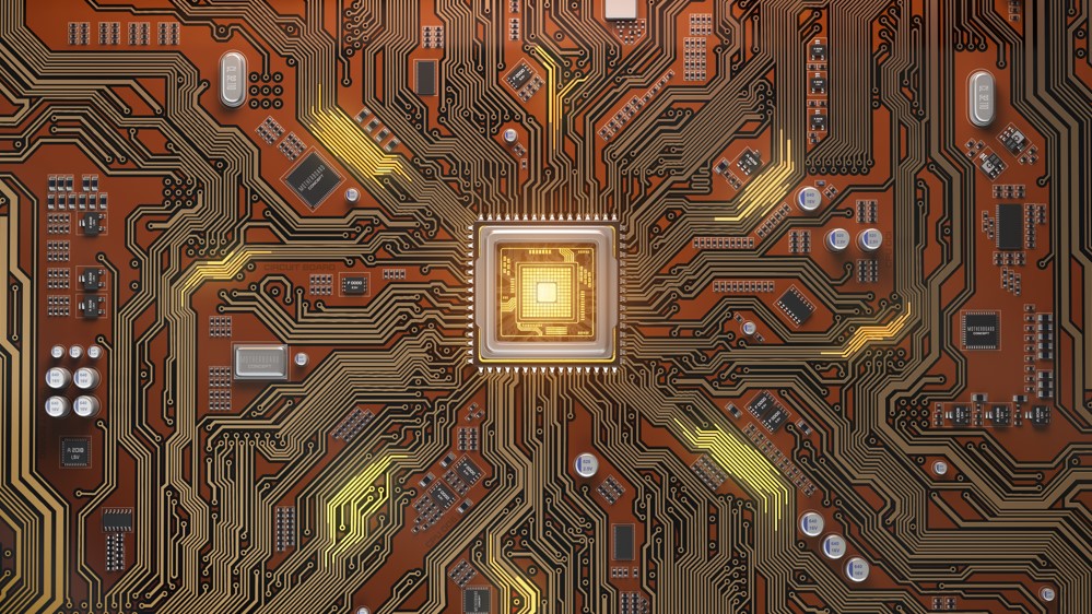 picture of circuit with chip in center gold color
