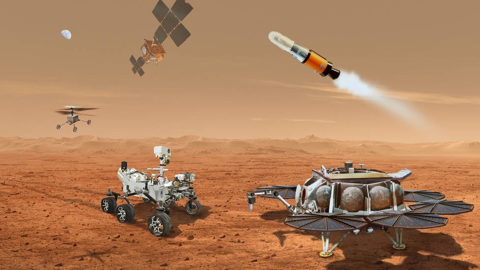 visionary image of multiple robots working to return mars rocks to Earth