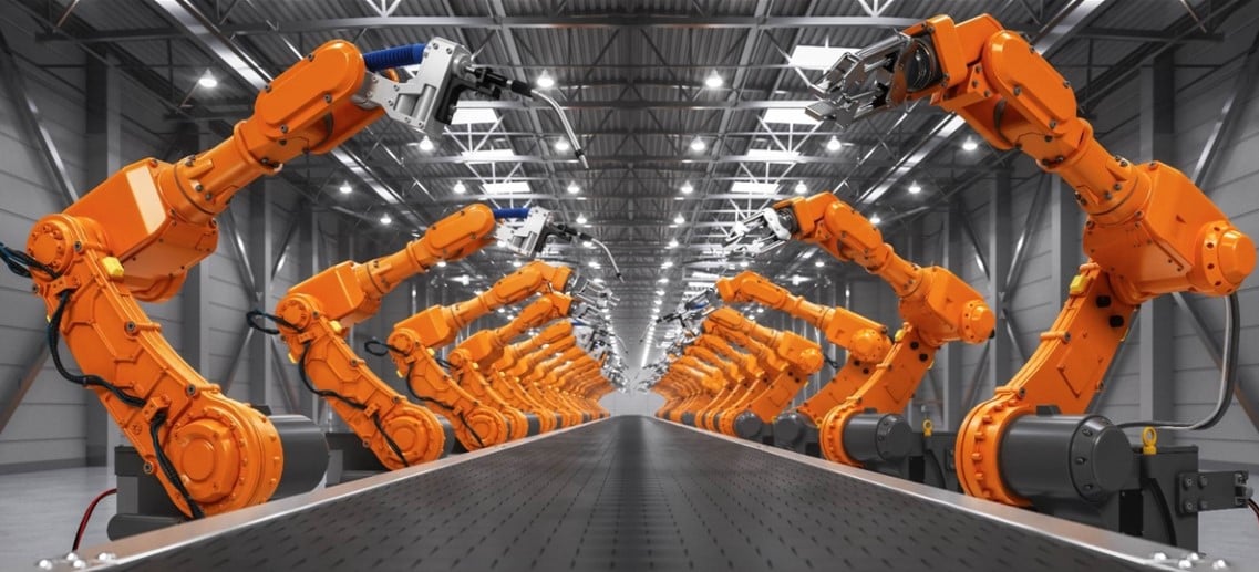 orange arms on assembly line