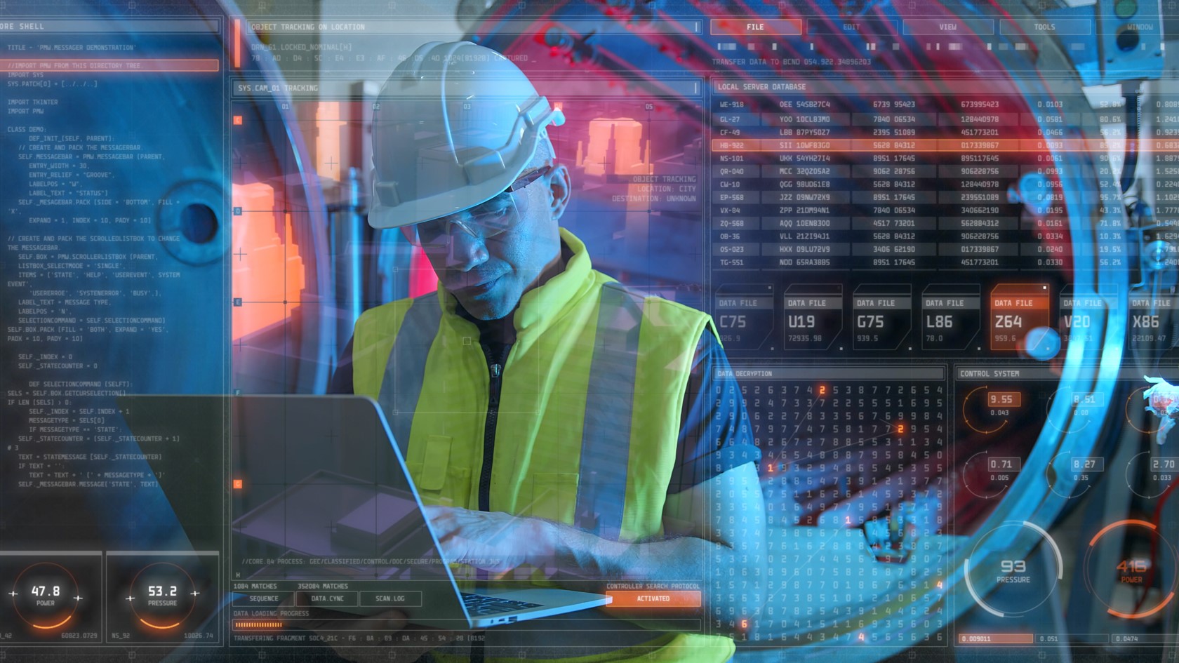 man in yellow vest at laptop with overlay of numbers