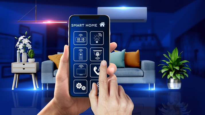 hands control smartphone with smart home tabs