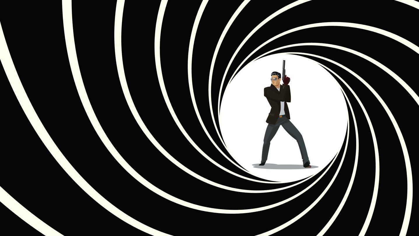 james bond look of graphic with spiral and man with gun