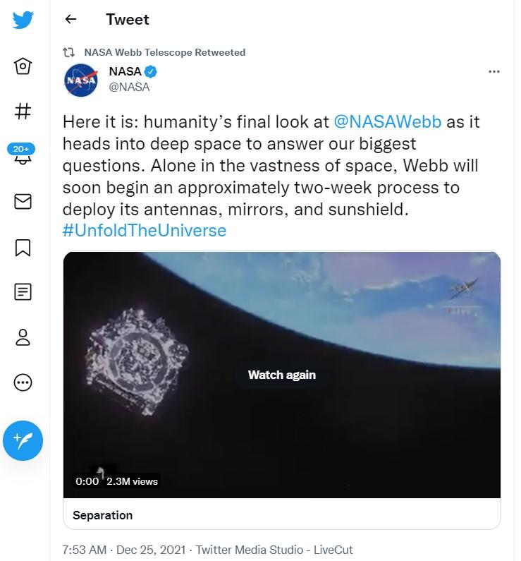 nasa tweeted the image of the webb separation dec. 25 and what's next