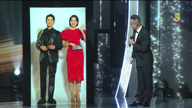 Pets Tseng and Austin Lin appear as a hologram at the 2022 Star Awards