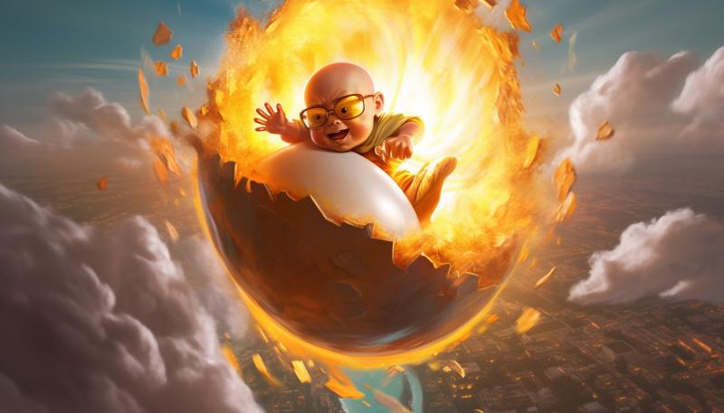 baby hatching from an egg in the clouds.